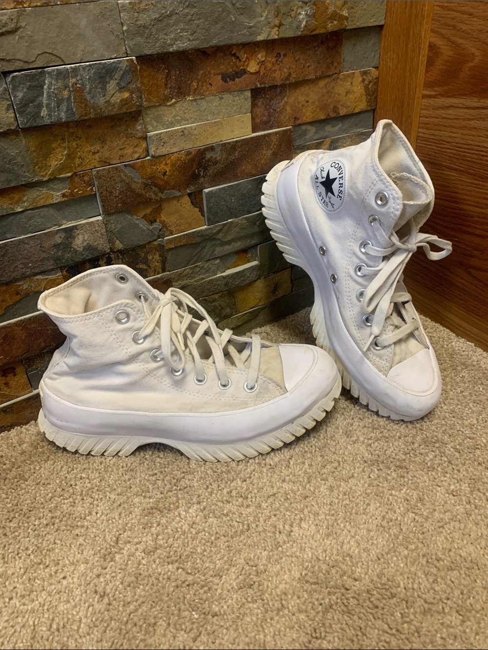 Converse White High-Top Chunky Sole Sneakers well loved 8